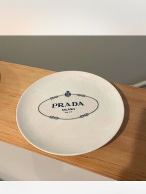 Prada White Ceramic Logo Trinket Plate with Navy Print